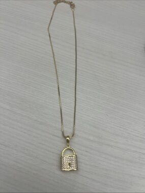 Gold Padlock Pendant Necklace with Rhinestones
